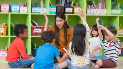 Asian female teacher teaching and asking mixed race kids hand up to answer in classroom,Kindergarten pre school concept